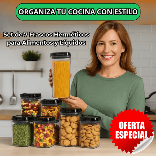 Set de 7 Frascos Organizadores Premium – Almacena Menestras, Alimentos y Más sin Derrames